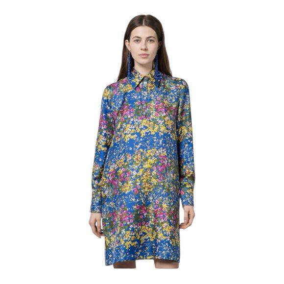MaxMara Women's Orazio Blue Floral Print Silk Shirt Dress Size 6 New - Picture 1 of 8